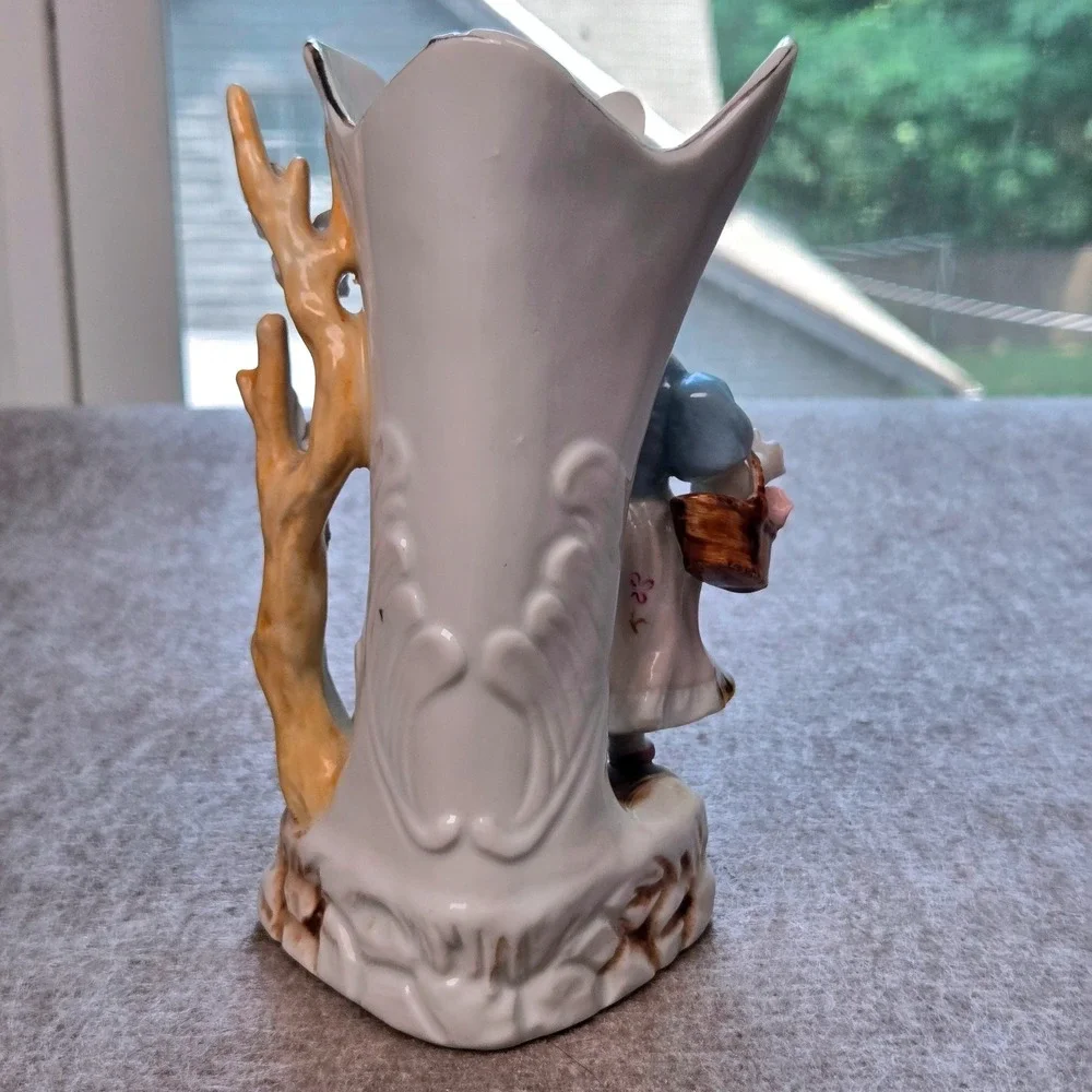 Vtg Camille Naudot Porcelain Figurine Vase Young Girl With Cat and Pink Roses
